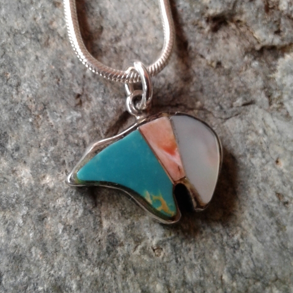 Sterling Turquoise inlay Bear Fetish PENDANT - Picture 3 of 8